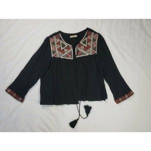 Anandas Collection - Open Front Boho Peasant Embroidered Tassel Neck Top - Sz. L